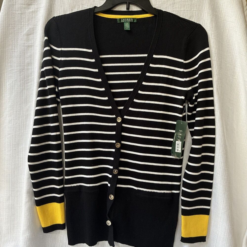 NWT Lauren Ralph Lauren Black/White Striped Cotton Cardigan Women’s Large